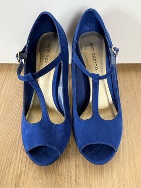 Ann Marino Royal Blue Suede T‑Strap Peep Toe Heels